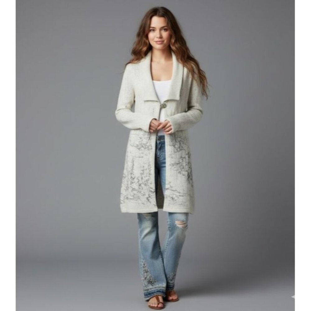Coldwater Creek Wool Long Cardigan Beige & Gray Alpine Scenic Artsey - Picture 6 of 15